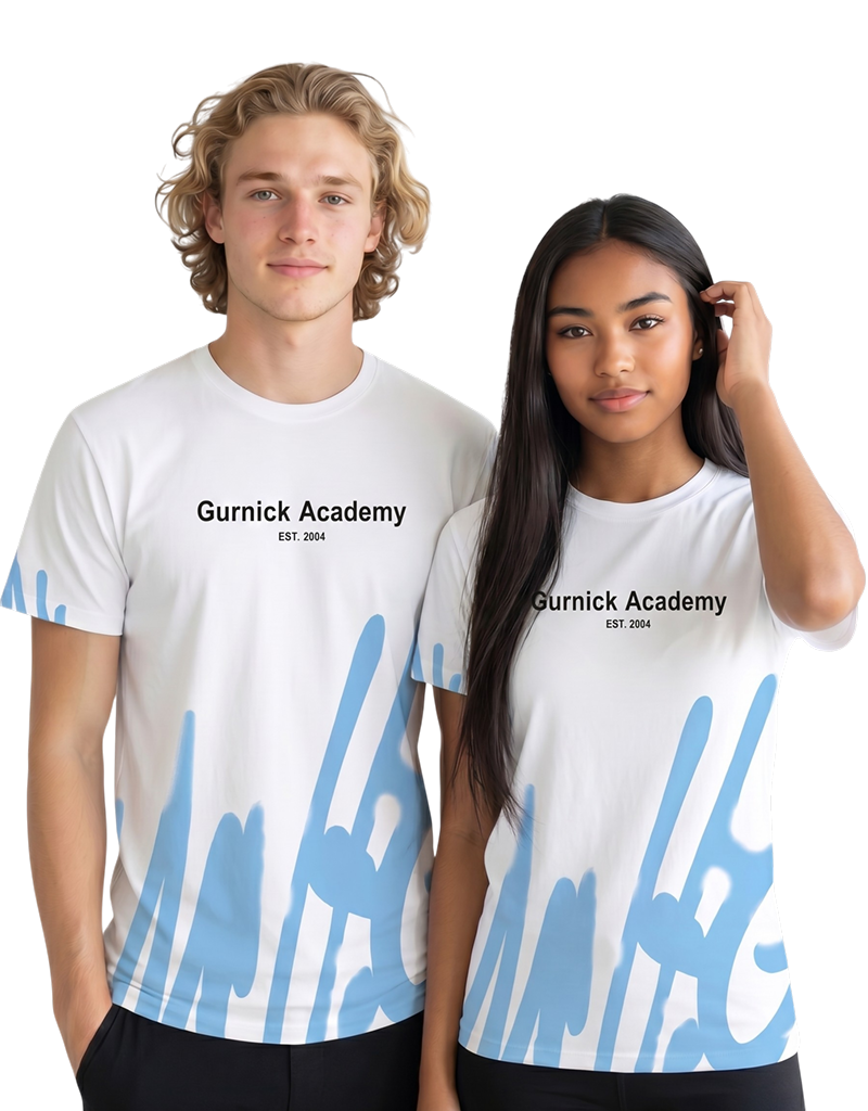 Gurnick Academy Unisex White T-Shirt with Blue Abstract Design