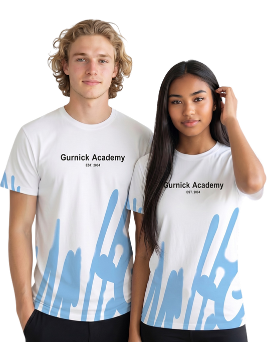 Gurnick Academy Unisex White T-Shirt with Blue Abstract Design