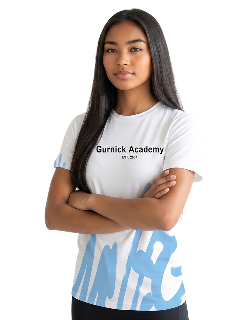 Gurnick Academy Unisex White T-Shirt with Blue Abstract Design