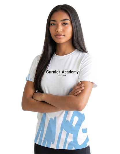 Gurnick Academy Unisex White T-Shirt with Blue Abstract Design