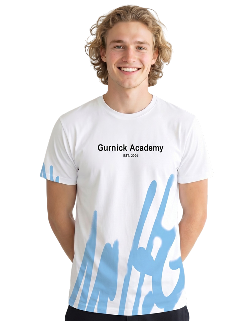 Gurnick Academy Unisex White T-Shirt with Blue Abstract Design
