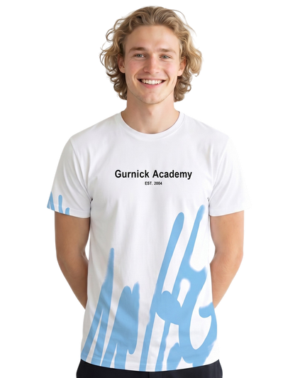 Gurnick Academy Unisex White T-Shirt with Blue Abstract Design