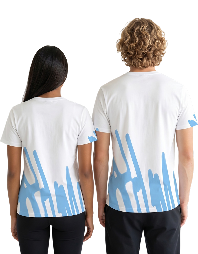 Gurnick Academy Unisex White T-Shirt with Blue Abstract Design