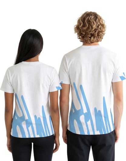 Gurnick Academy Unisex White T-Shirt with Blue Abstract Design